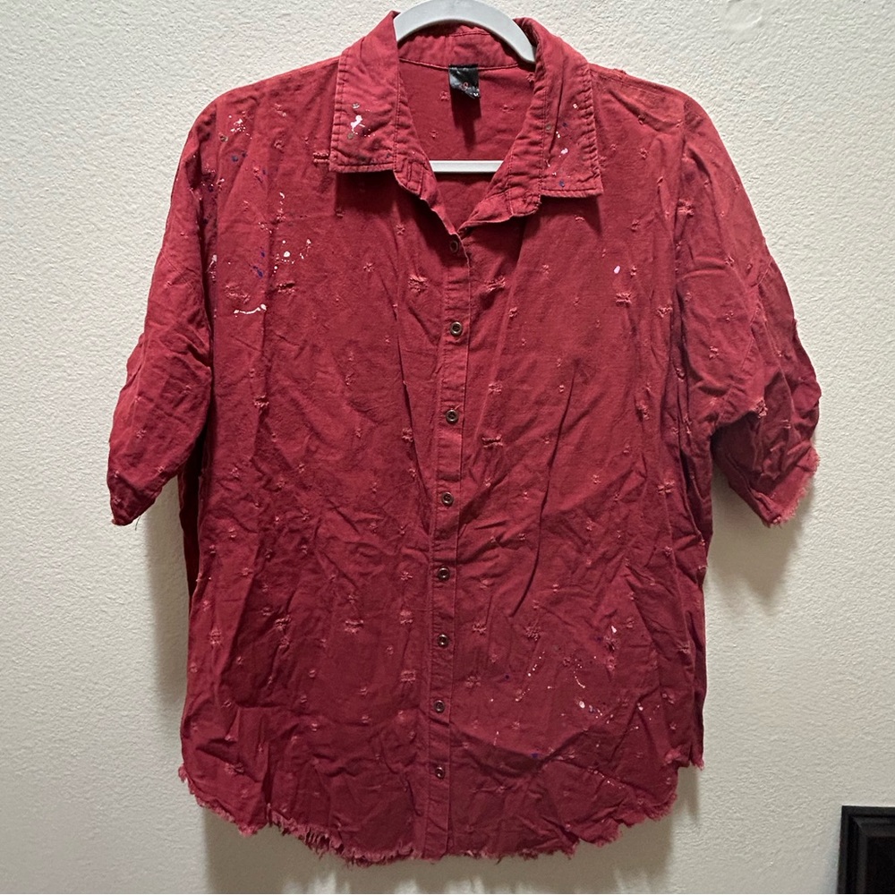 Paint Splatter Distressed Oversized Burgundy Button Up Top Women’s size Medium